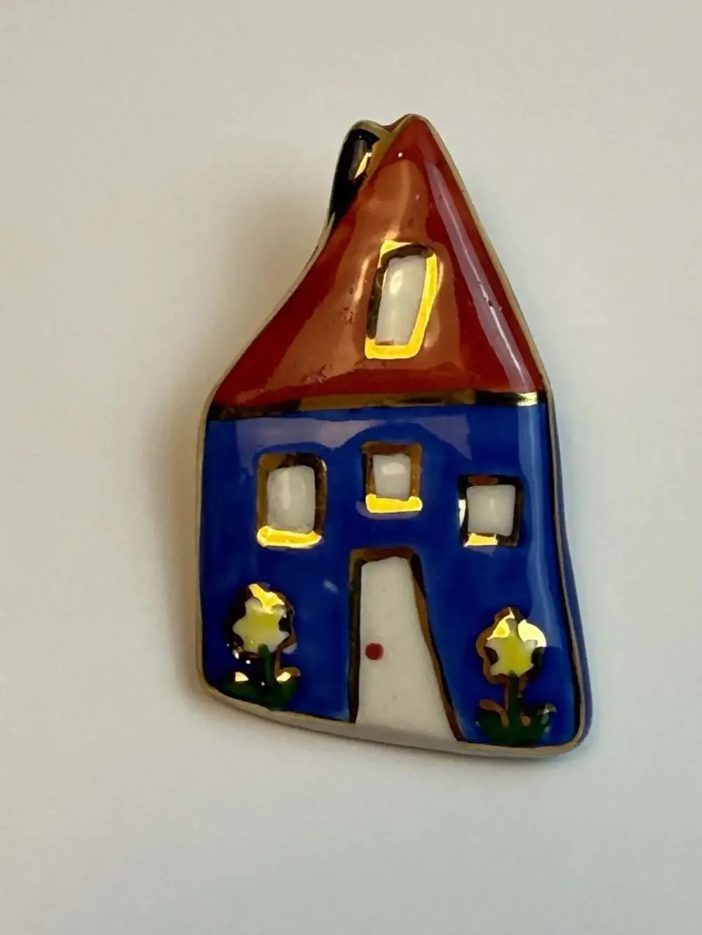 Vintage Hand-Painted Ceramic House Brooch Pin with Gold Trim